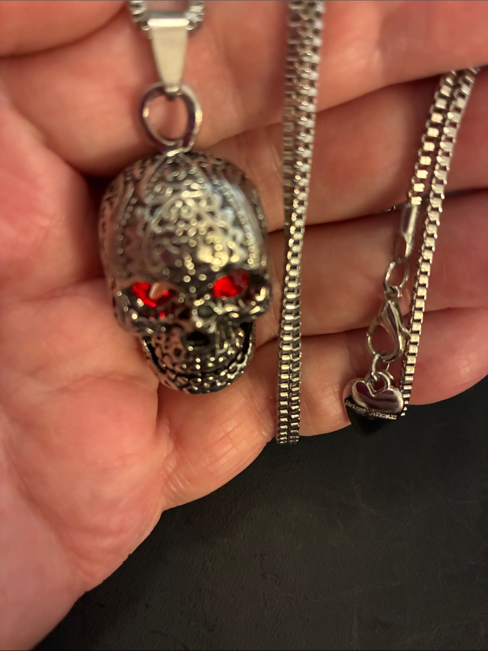 Silver Skull Pendant Necklace with Red Crystal Eyes - - Picture 5 of 7